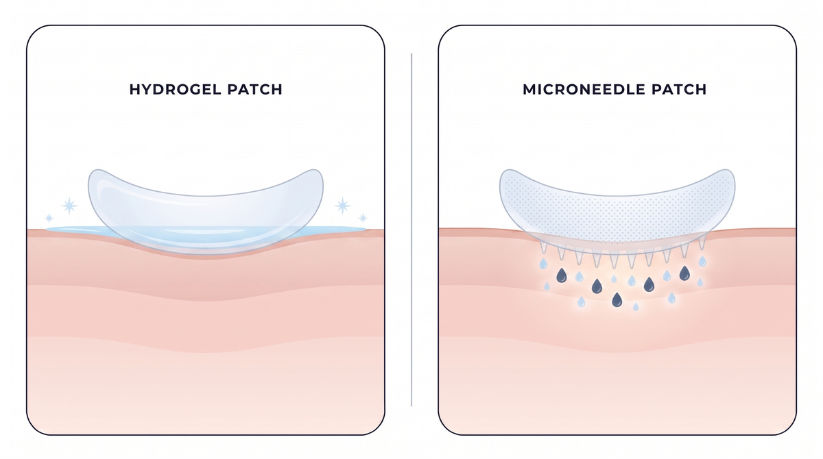 Cross-section comparison: hydrogel patch sits on top of the skin surface while the Ma Repose microneedle patch delivers dissolving serum droplets beneath the surface