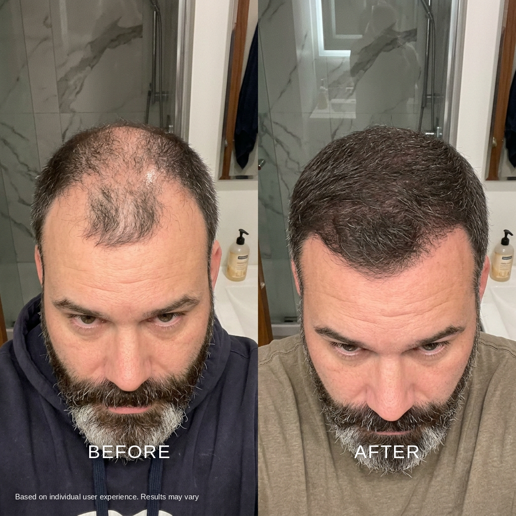Before and after: denser-looking hairline after using the Ma Repose Microneedle Scalp Kit