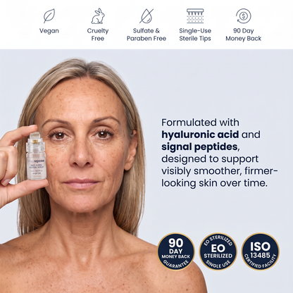 Vegan, cruelty free, sulfate and paraben free, reusable applicator head, 90 day money back. Formulated with hyaluronic acid and signal peptides.