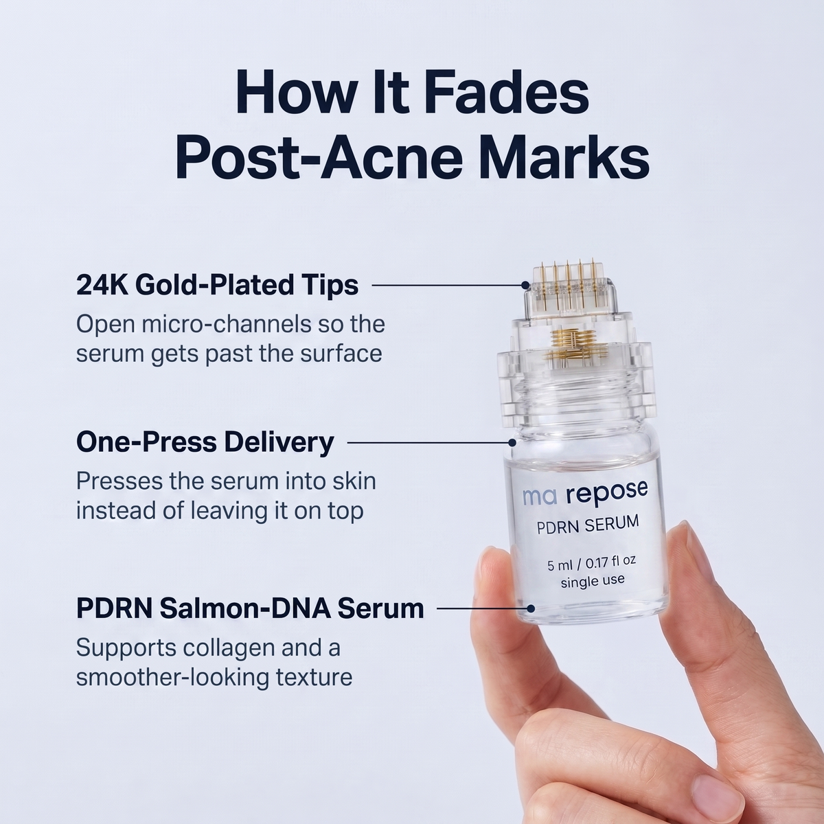 How it fades post-acne marks: 24K gold-plated tips open micro-channels, one-press delivery places the PDRN salmon-DNA serum past the surface