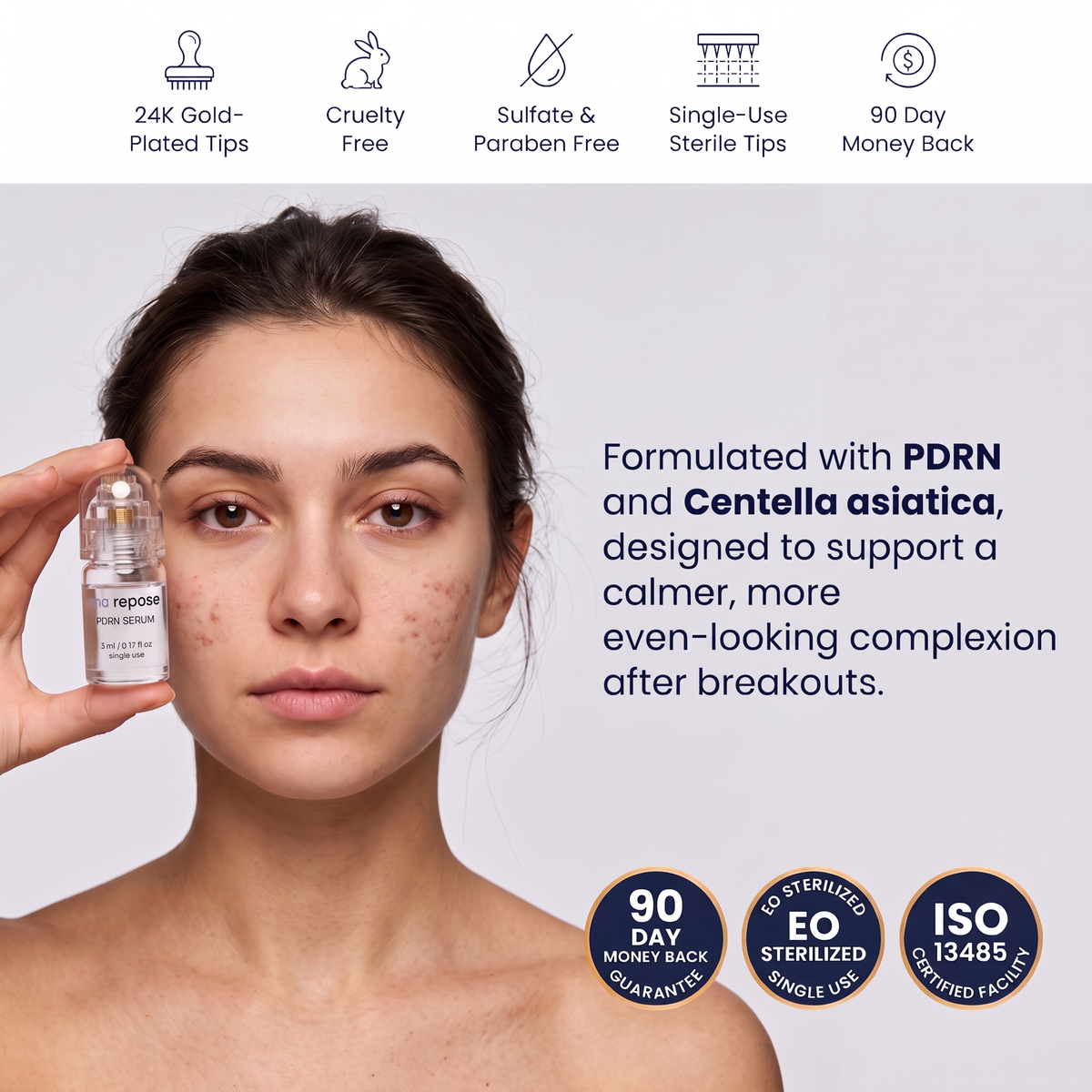 Young woman holding ma repose PDRN serum vial with microneedle applicator. 24K gold-plated tips, cruelty free, sulfate and paraben free, single-use sterile tips, 90 day money back. Formulated with PDRN and Centella asiatica for a calmer complexion after breakouts.