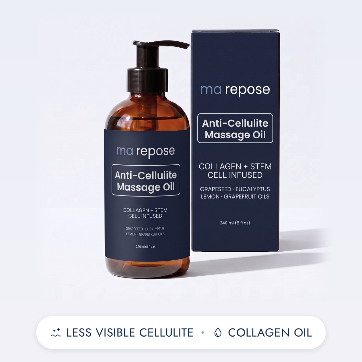 ma repose Anti-Cellulite Massage Oil, 240 ml amber bottle with pump beside the ink navy box. Less visible cellulite, collagen oil