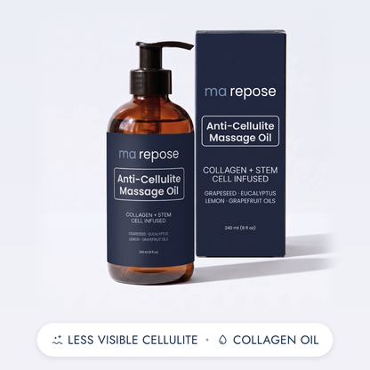 ma repose Anti-Cellulite Massage Oil, 240 ml amber bottle with pump beside the ink navy box. Less visible cellulite, collagen oil