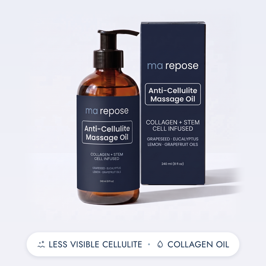 ma repose Anti-Cellulite Massage Oil, 240 ml amber bottle with pump beside the ink navy box. Less visible cellulite, collagen oil