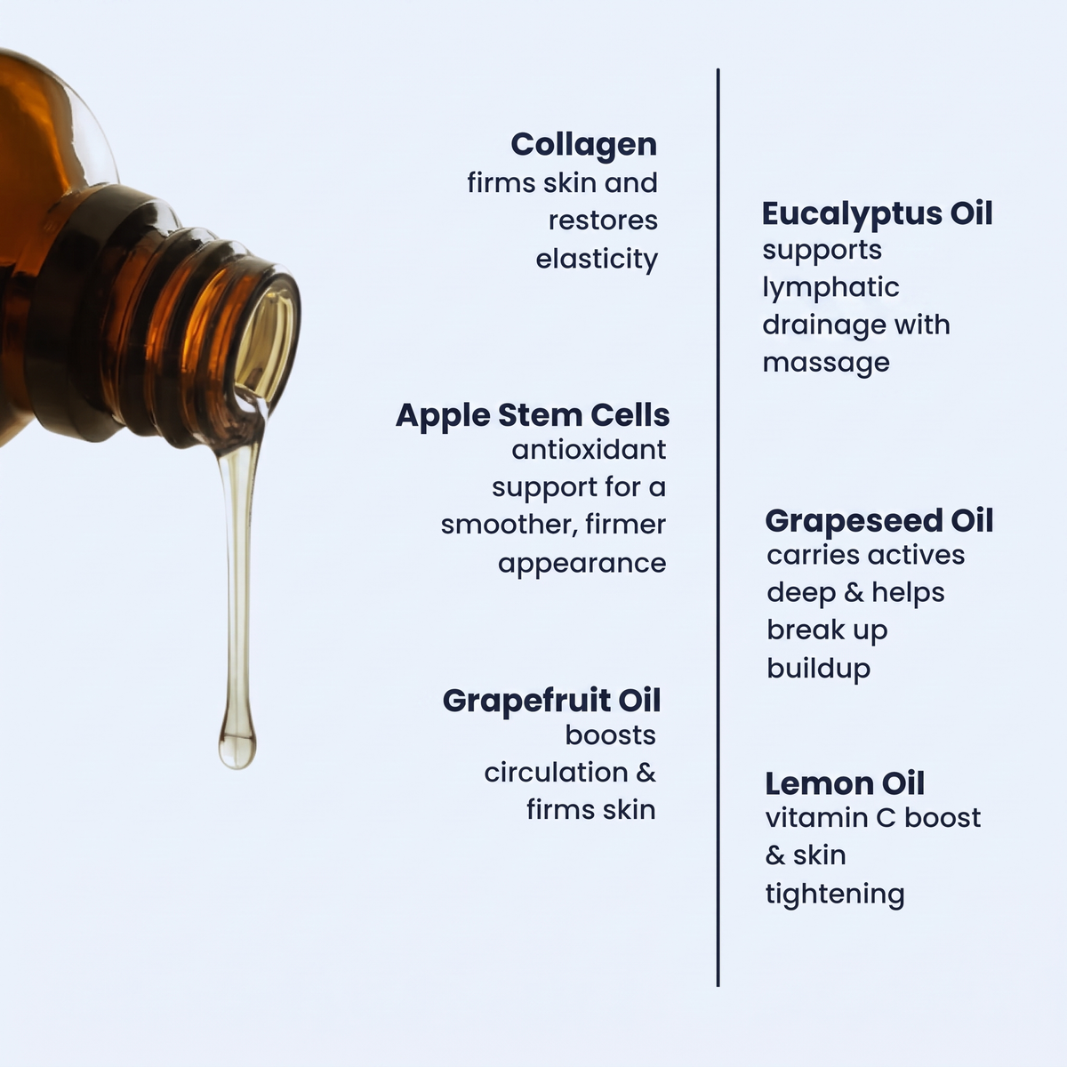Six actives: collagen, apple stem cells, grapefruit oil, eucalyptus oil, grapeseed oil and lemon oil