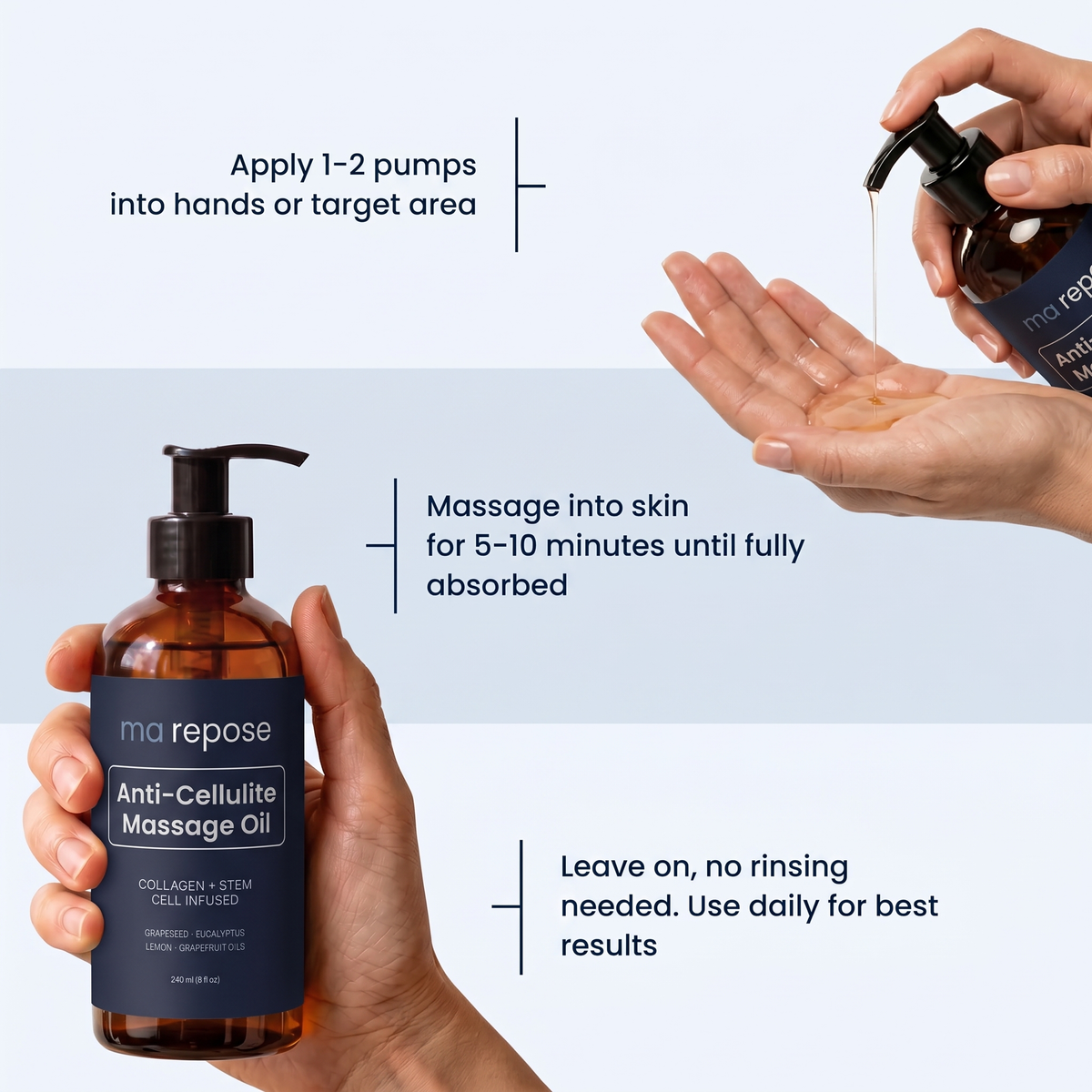 How to use: apply 1-2 pumps, massage into skin for 5-10 minutes, leave on and use daily