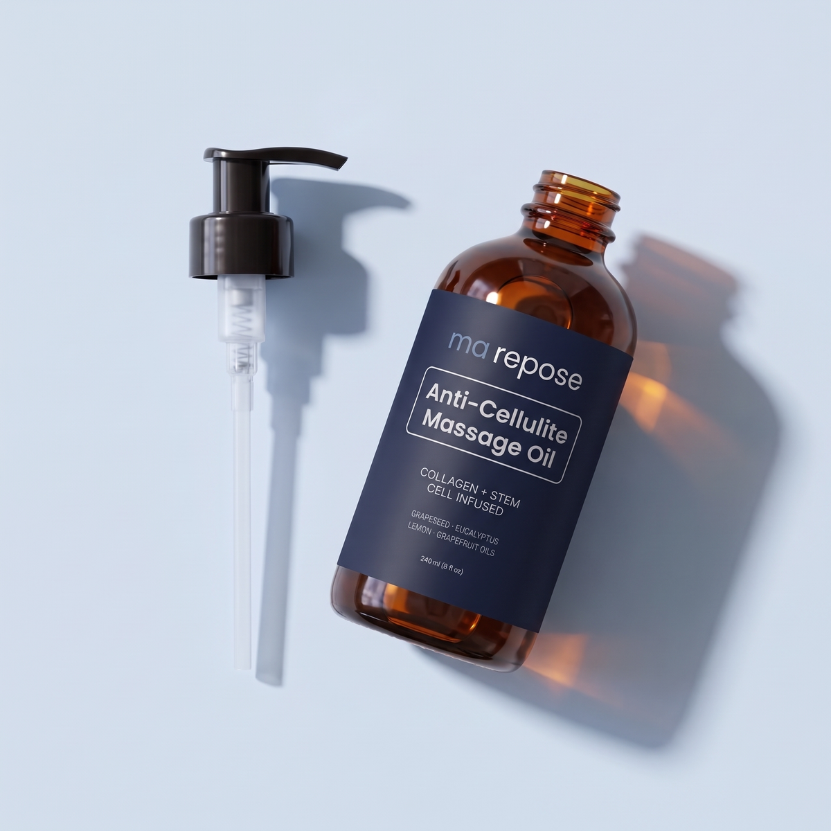 Pump removed from the 240 ml amber glass bottle