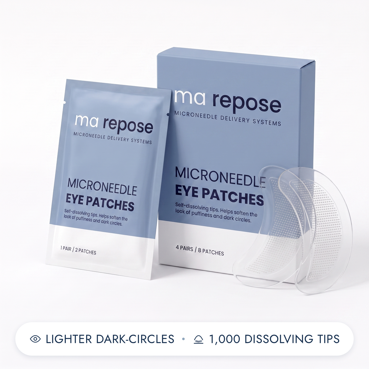 ma repose Microneedle Eye Patches - carton and sachet with two transparent microneedle patches. Lighter dark-circles, 1,000 dissolving tips