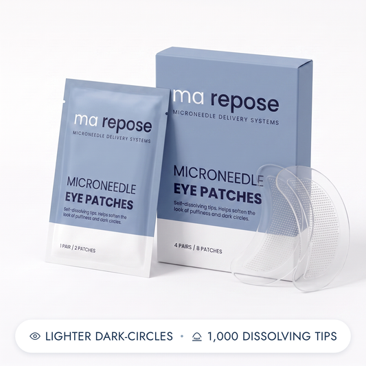 ma repose Microneedle Eye Patches - carton and sachet with two transparent microneedle patches. Lighter dark-circles, 1,000 dissolving tips