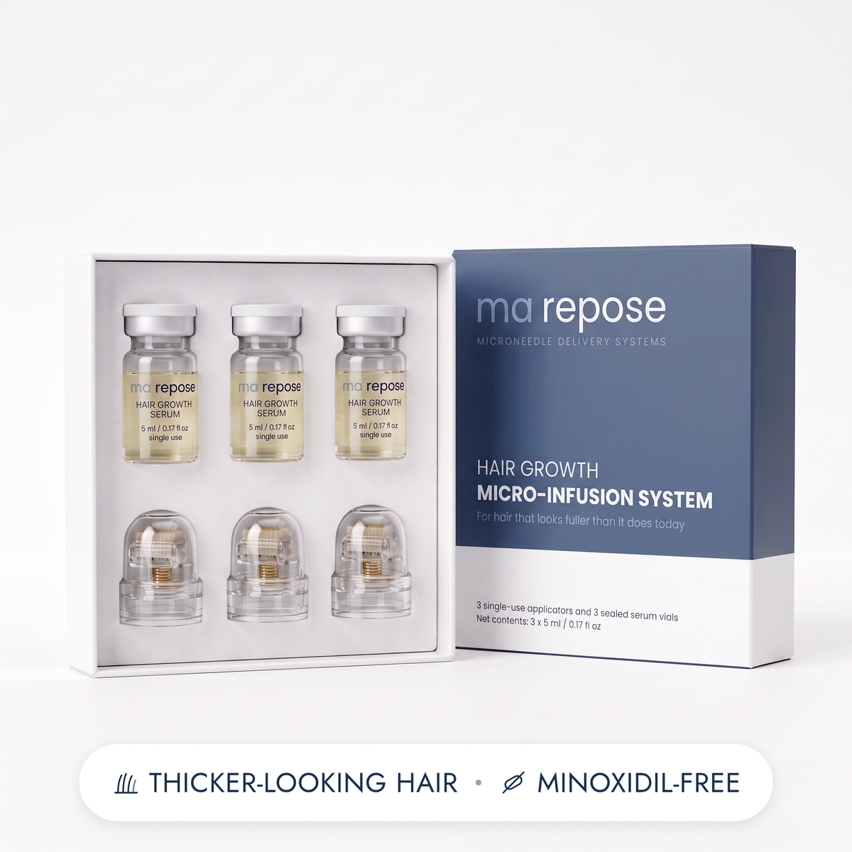 ma repose Hair Growth Micro-Infusion System - open kit with three sealed serum vials and three capped applicator heads beside the slate box. Thicker-looking hair, minoxidil-free
