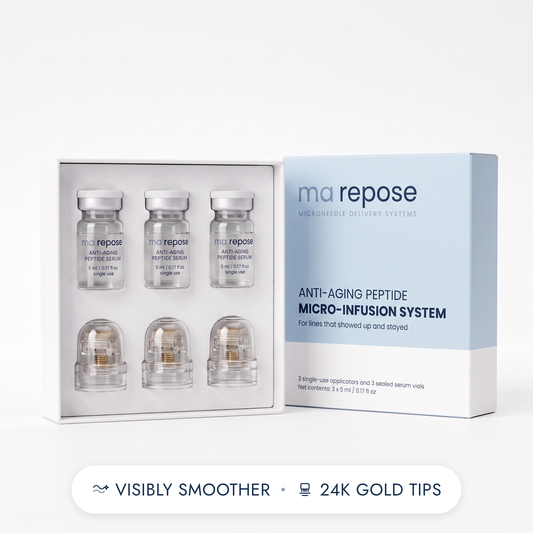 ma repose Anti-Aging Peptide Micro-Infusion System - open kit with three sealed serum vials and three capped applicator heads beside the ice blue box. Visibly smoother, 24K gold tips