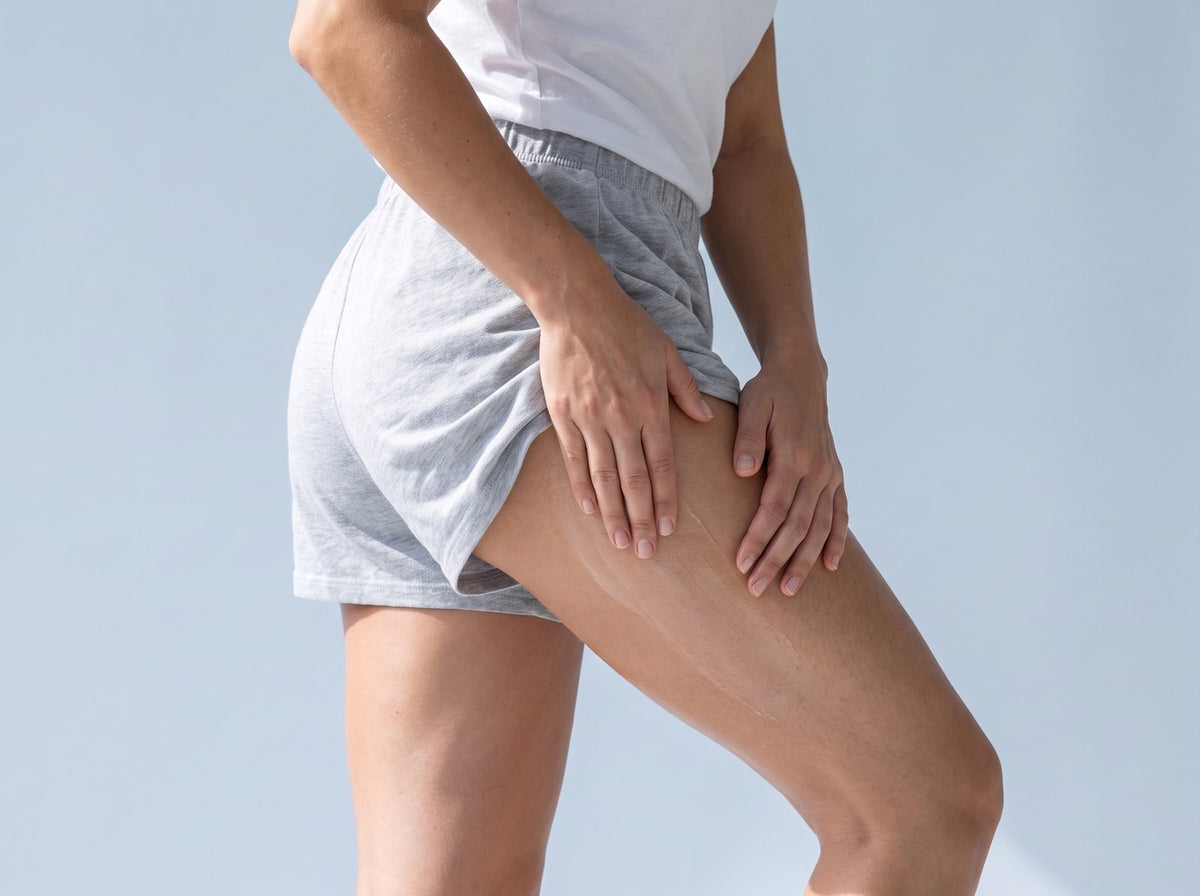 Massaging the oil into the back of the thigh