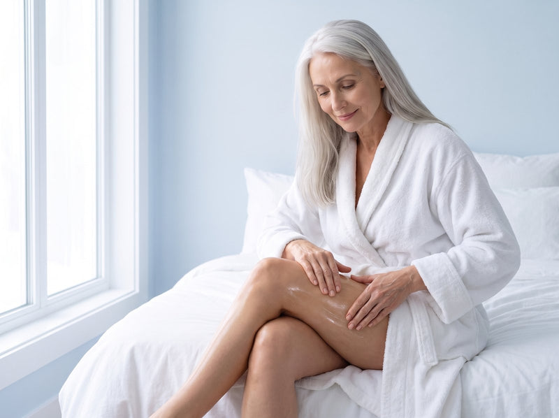 Massaging the oil into the thigh on the bed